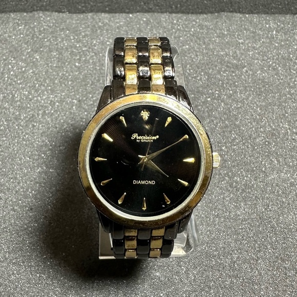 gruen Other - Precision By Gruen Mens Diamond Quartz Watch Black Dial Gunmetal And Gold Workin